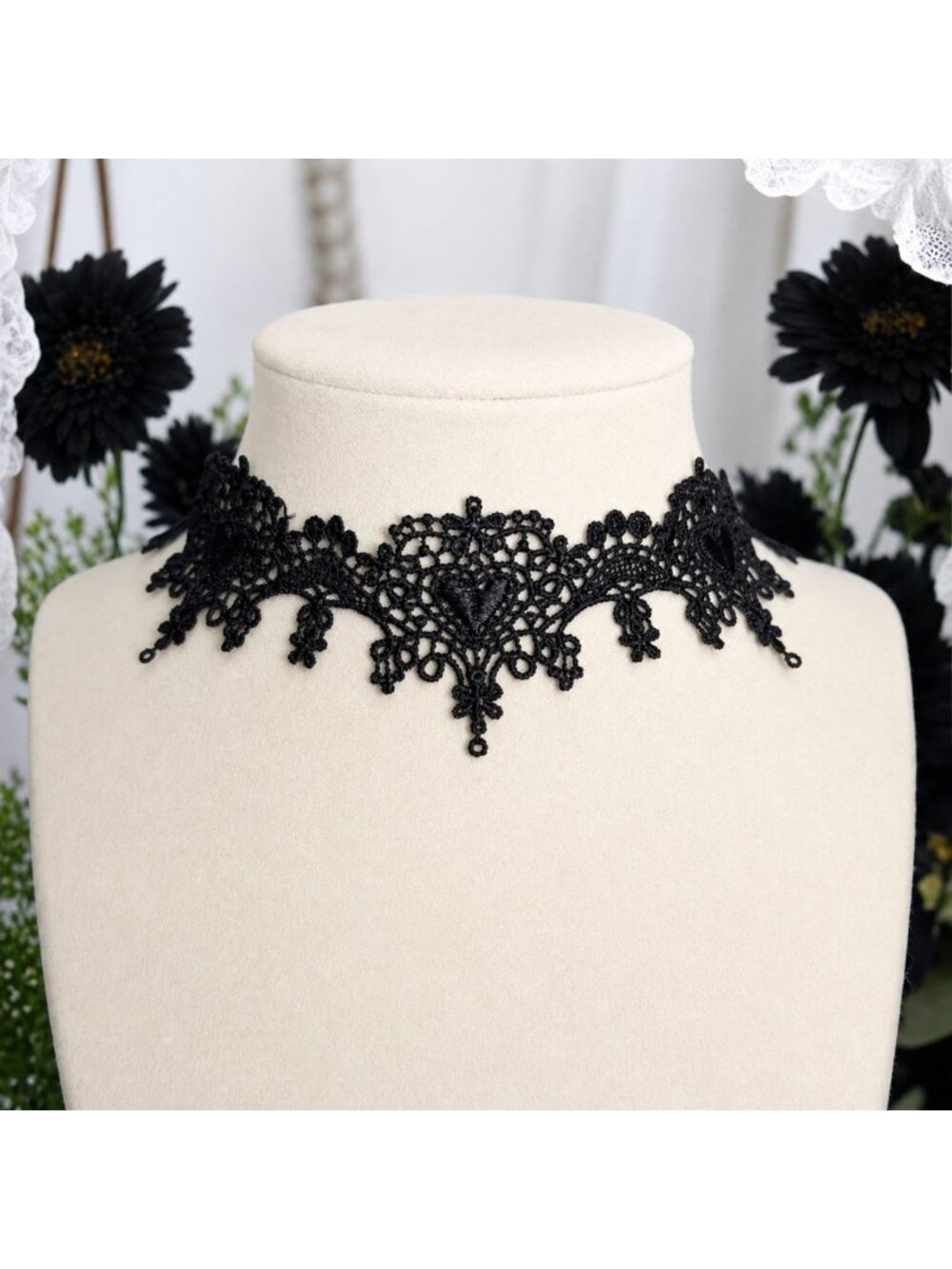 Black Lace Choker Necklace Victorian-Inspired Floral and Heart Design Adjustable